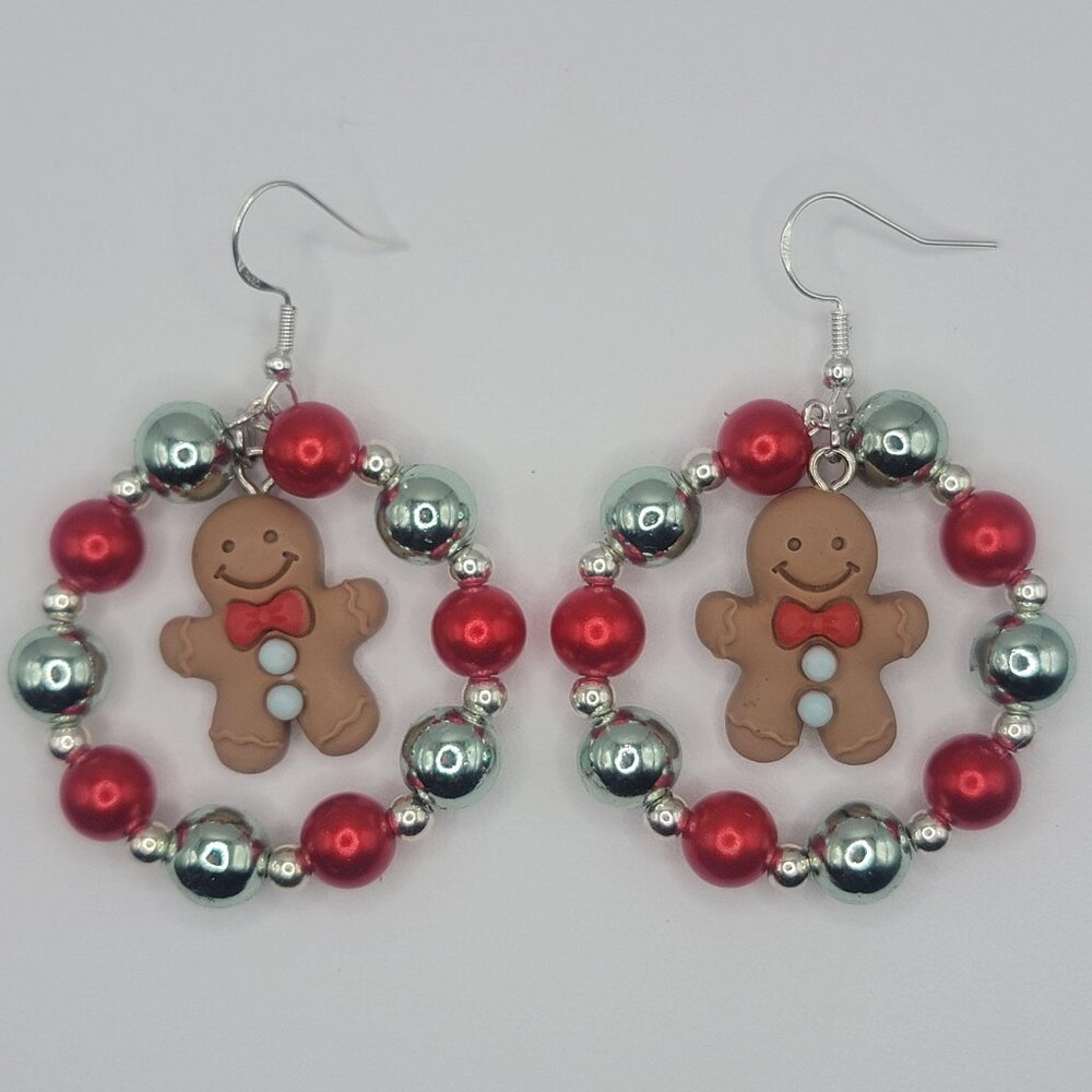 Handmade Christmas Ginger Bread Man With Beaded Hoop Earrings on Sterling Silver